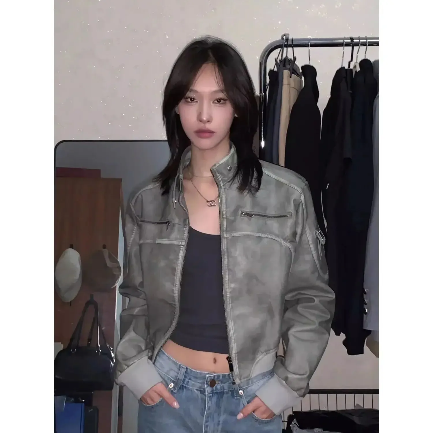 Vevesc Street Outfit Retro Vintage Short Leather Jacket Autumn New Design Stand Up Collar Zipper Up Top Goth Stand Collar Bomber Jacket