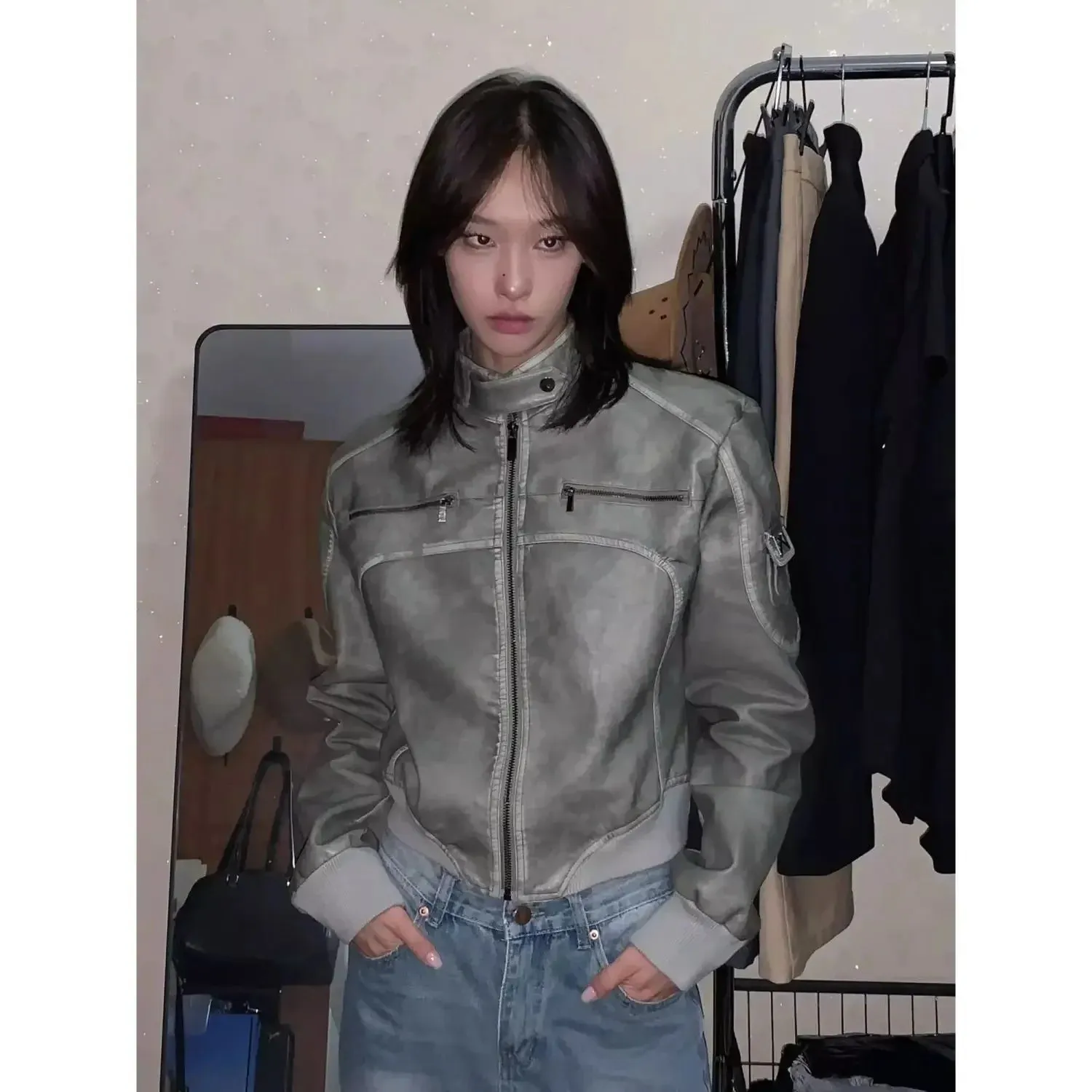 Vevesc Street Outfit Retro Vintage Short Leather Jacket Autumn New Design Stand Up Collar Zipper Up Top Goth Stand Collar Bomber Jacket