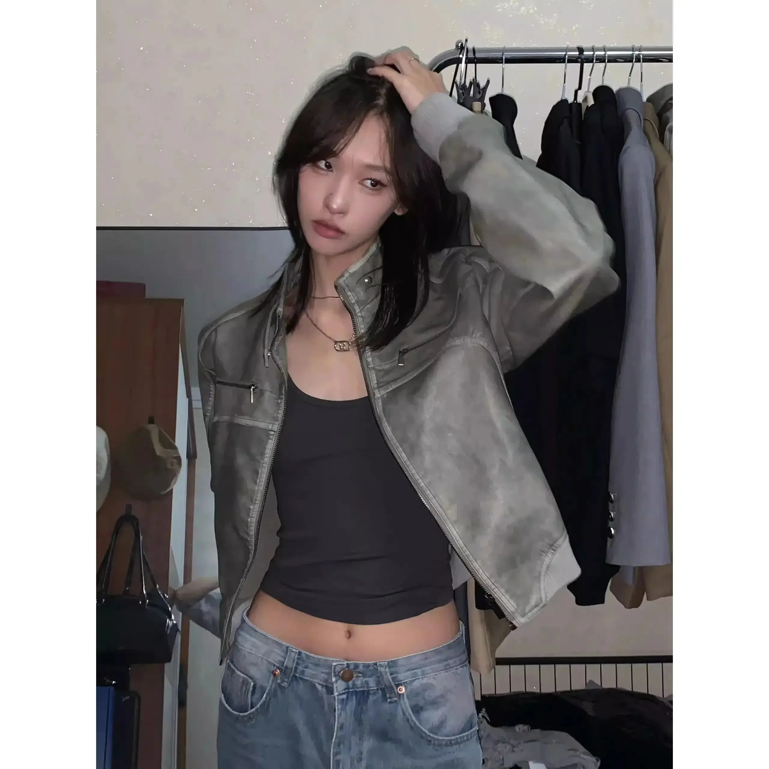 Vevesc Street Outfit Retro Vintage Short Leather Jacket Autumn New Design Stand Up Collar Zipper Up Top Goth Stand Collar Bomber Jacket