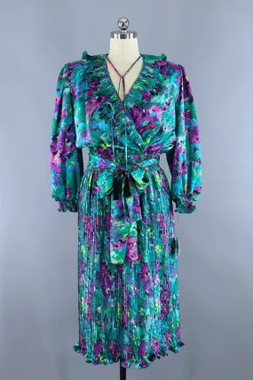 Vintage 1980s Day Dress / Green Watercolor Print