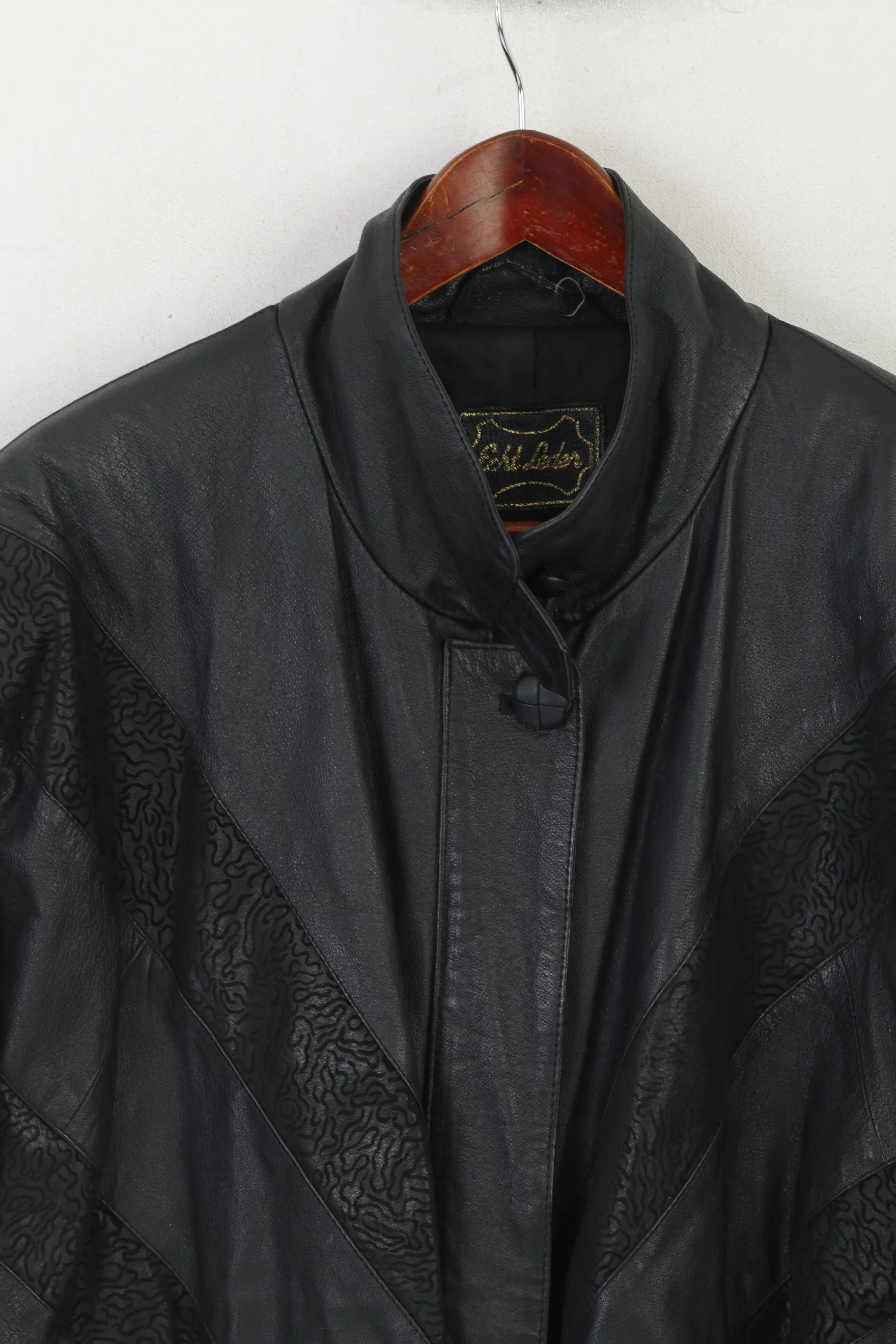 Vintage Women XL Jacket Black Leather Bat Bomber Shoulder Pads Retro Top