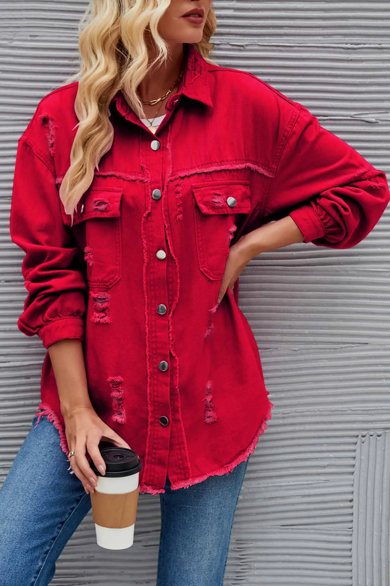 Washed Long Sleeve Ripped Tassels Denim Jacket