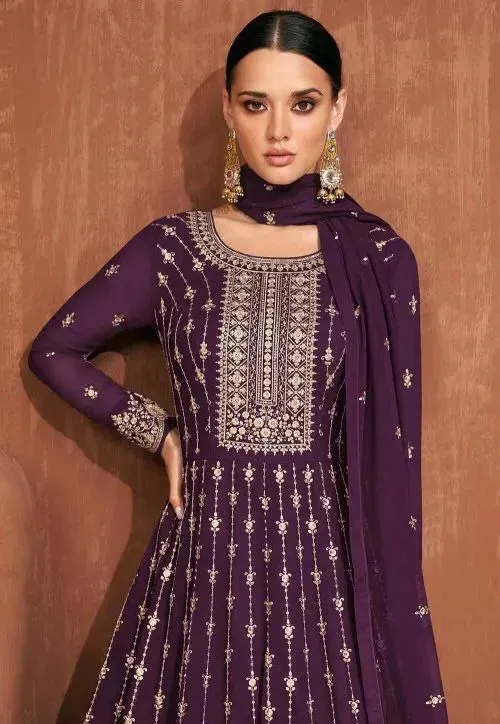 Wedding Lehenga Suit Set with Embroidered Purple Design
