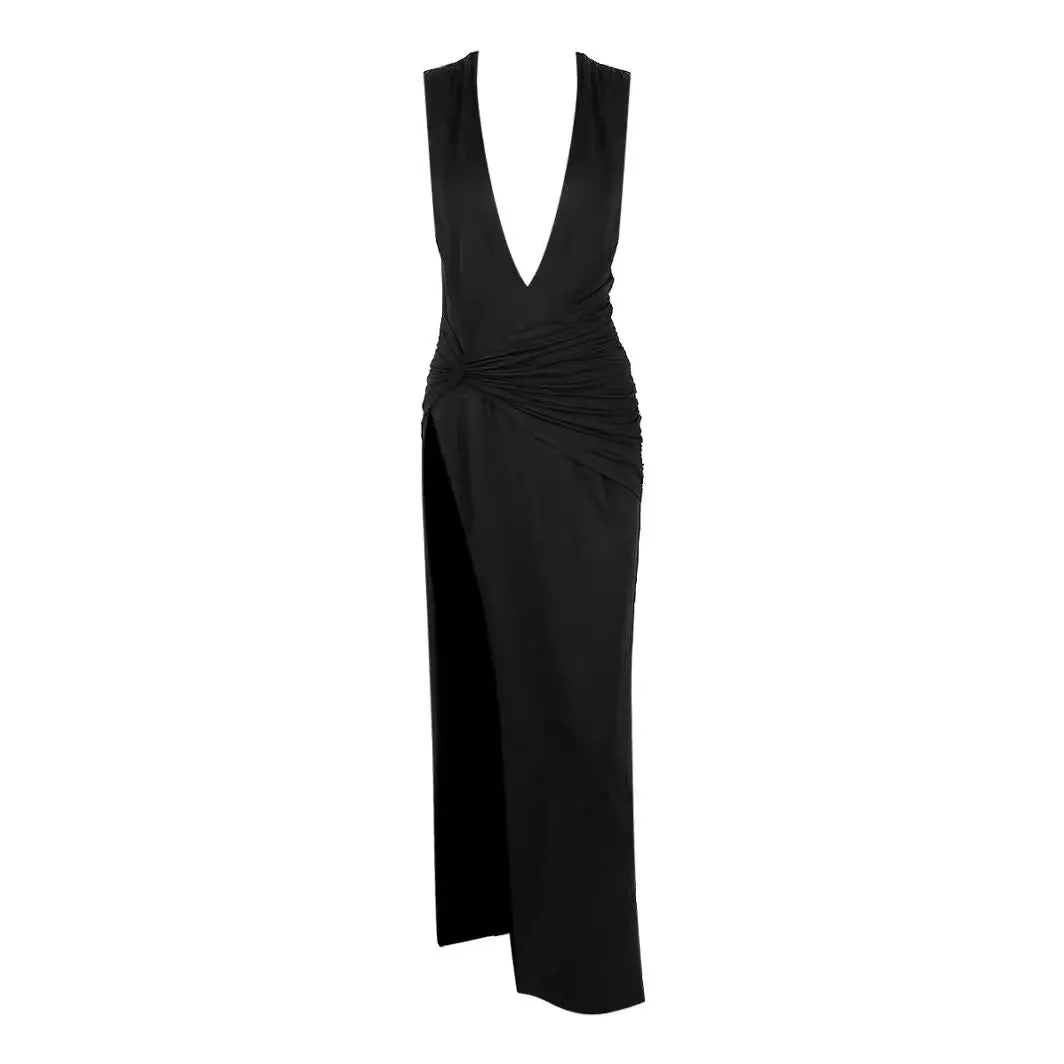 Wenkouban guys in skirts Christmas thanksgiving party outfits idea Women's Clothing New Sexy Deep V Split Pleated Long Dress Black Dress Long