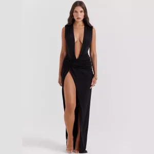 Wenkouban guys in skirts Christmas thanksgiving party outfits idea Women's Clothing New Sexy Deep V Split Pleated Long Dress Black Dress Long