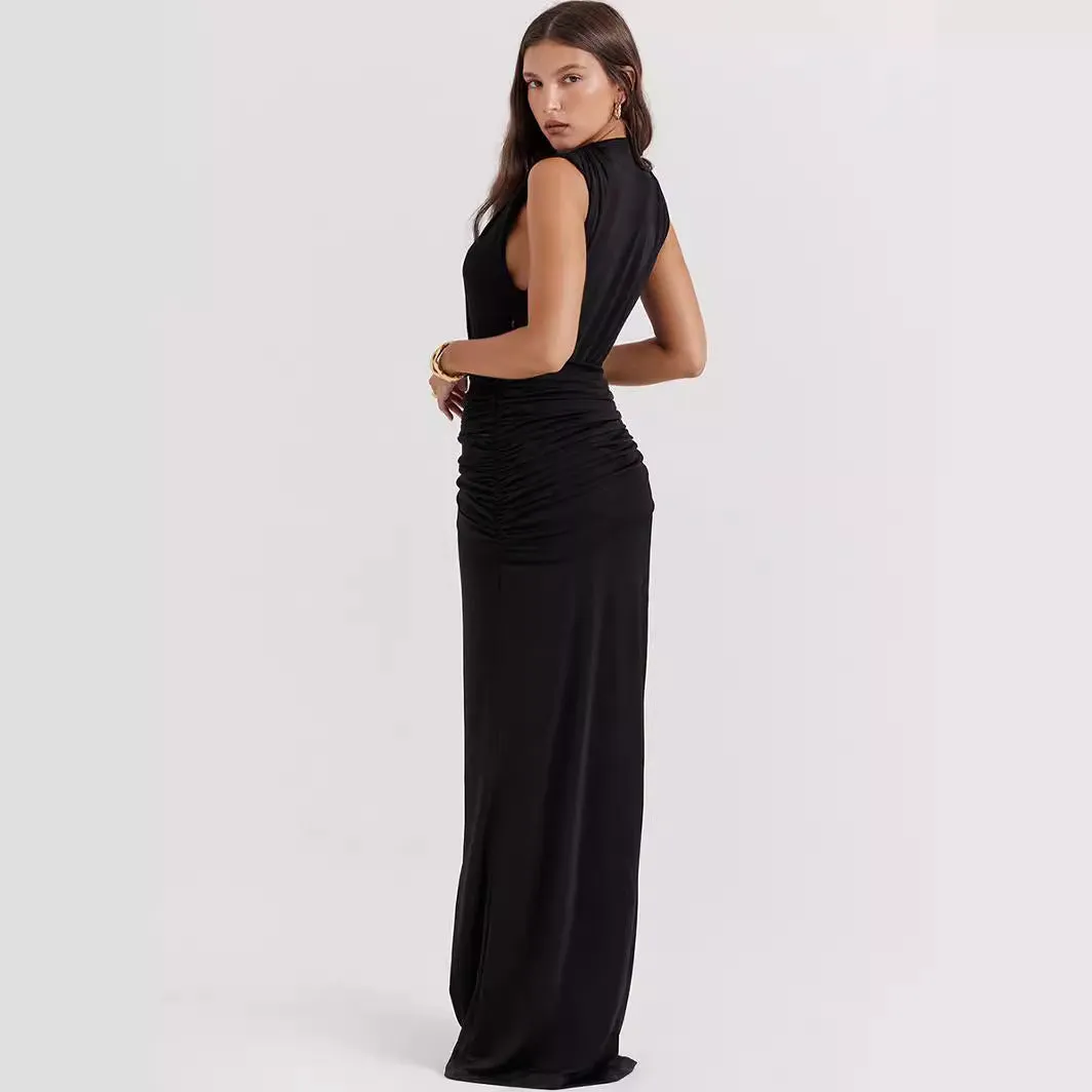 Wenkouban guys in skirts Christmas thanksgiving party outfits idea Women's Clothing New Sexy Deep V Split Pleated Long Dress Black Dress Long
