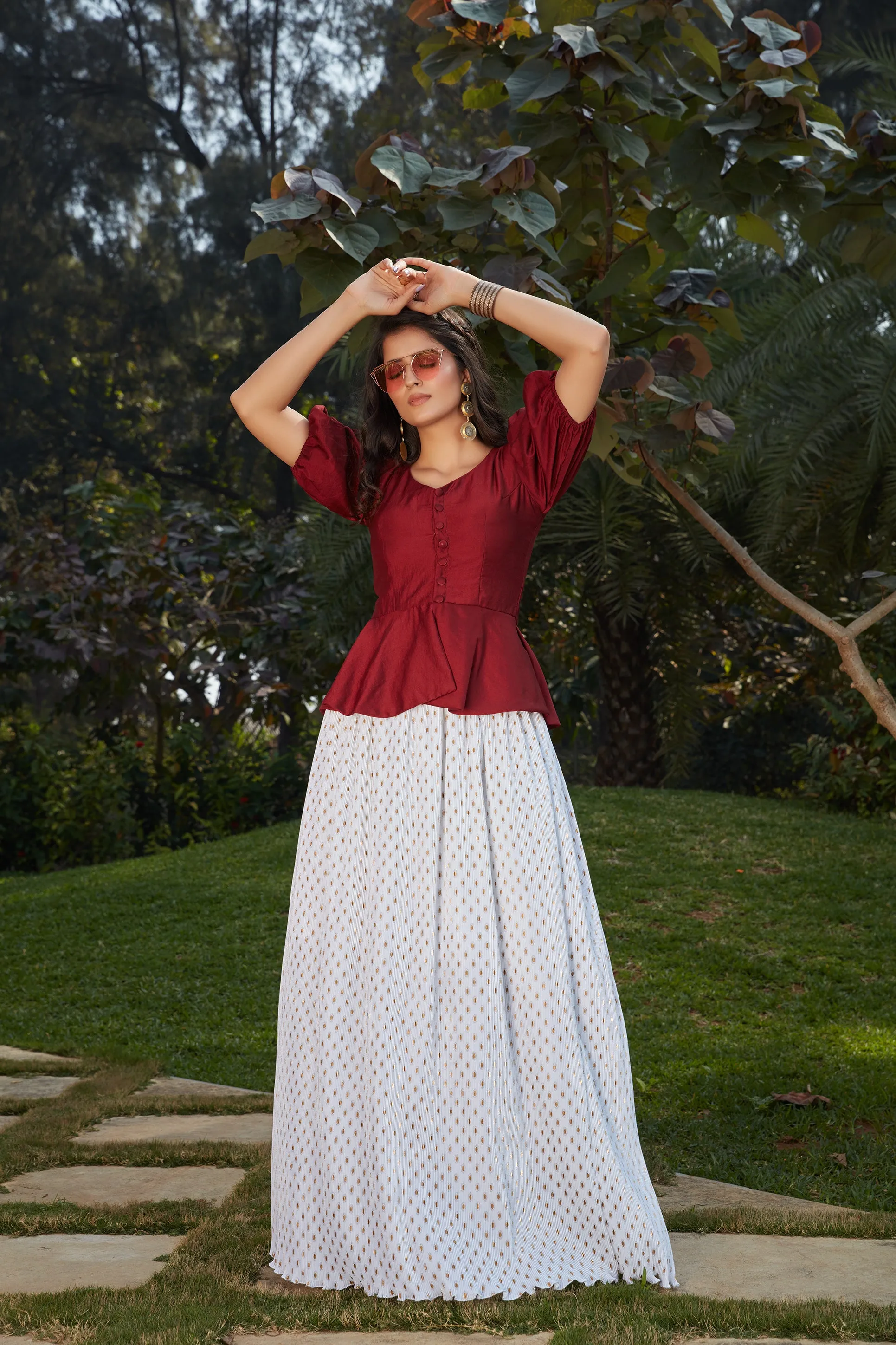 White-Maroon Imported Indo Western Ready To Wear Skirt With Crop Top