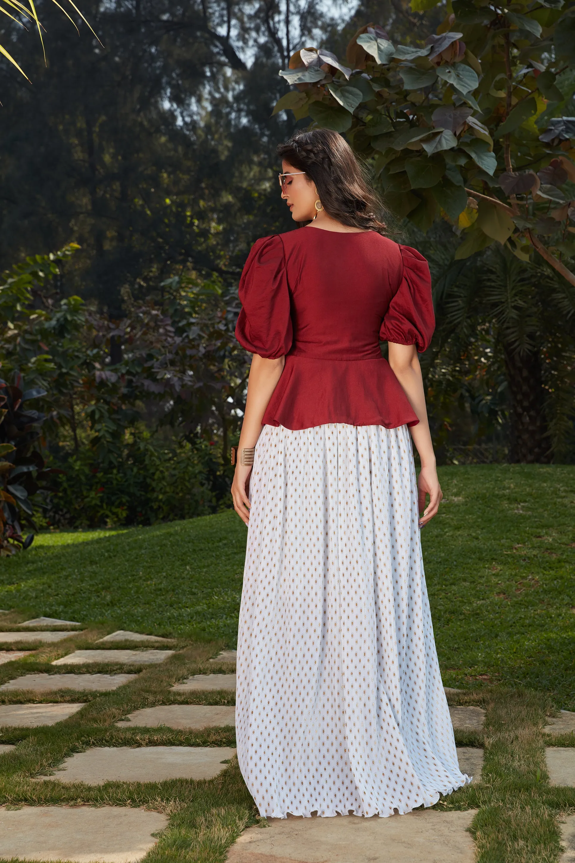 White-Maroon Imported Indo Western Ready To Wear Skirt With Crop Top