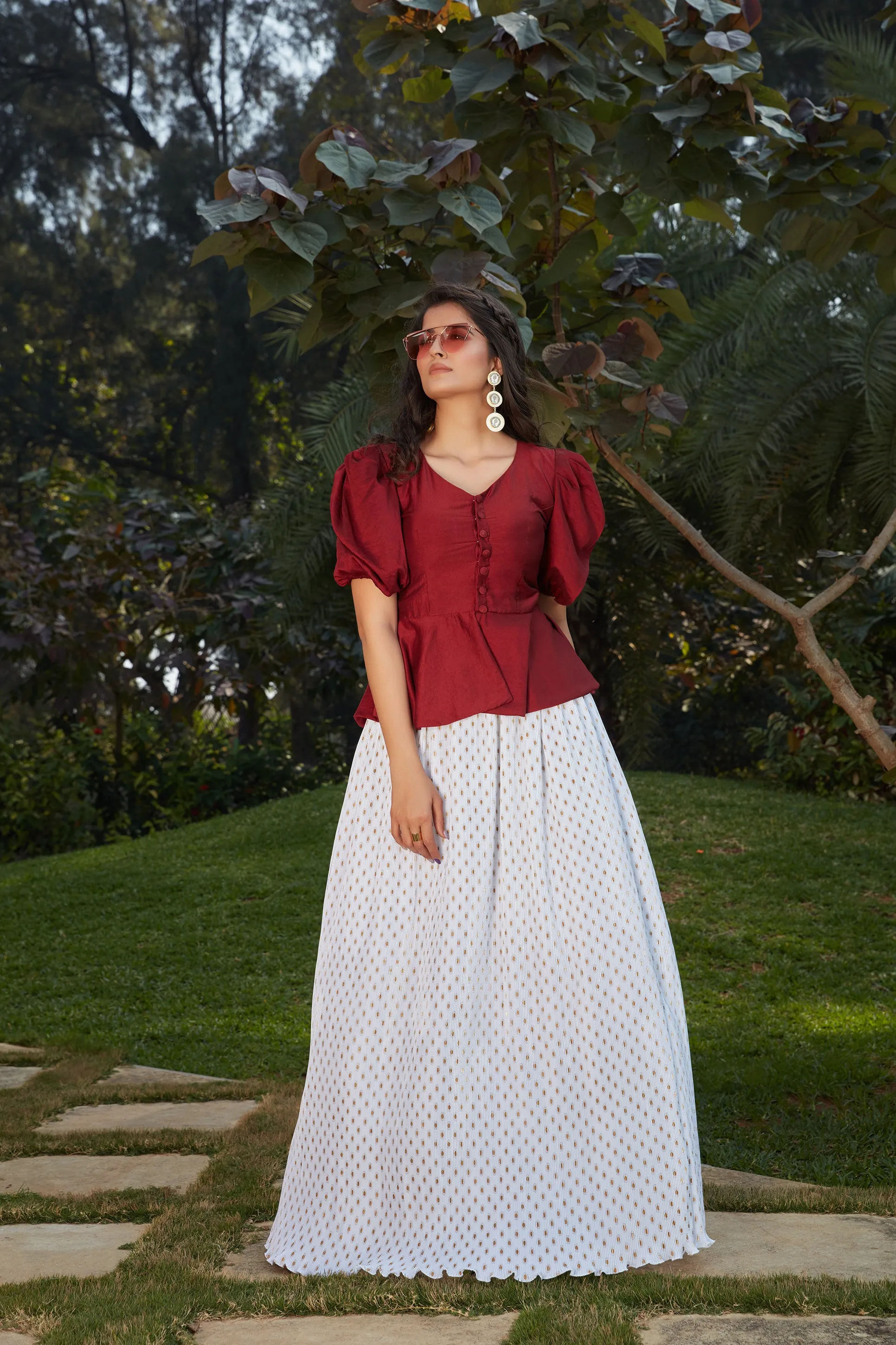 White-Maroon Imported Indo Western Ready To Wear Skirt With Crop Top