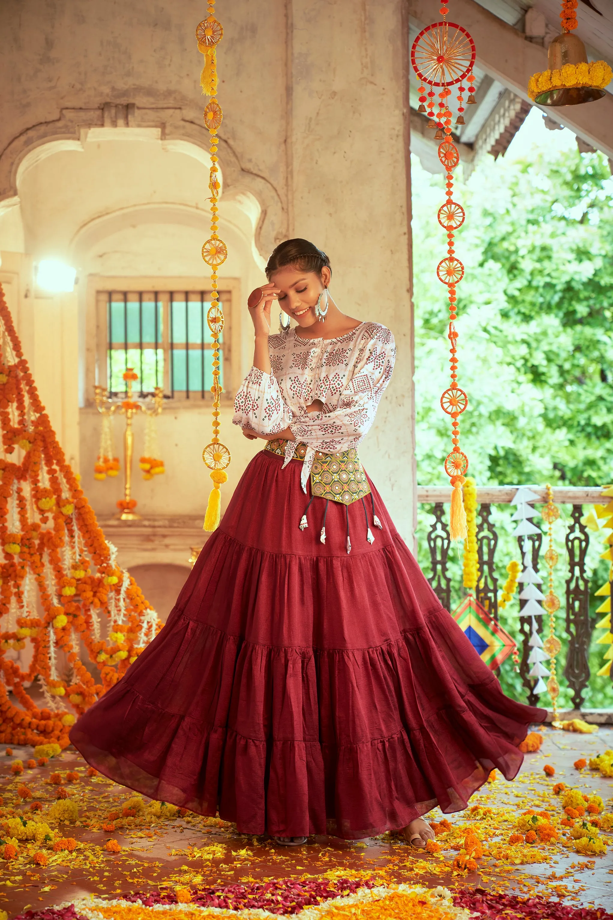 White With Red Color Navratri Special Ready To Wear Crop top Lehenga