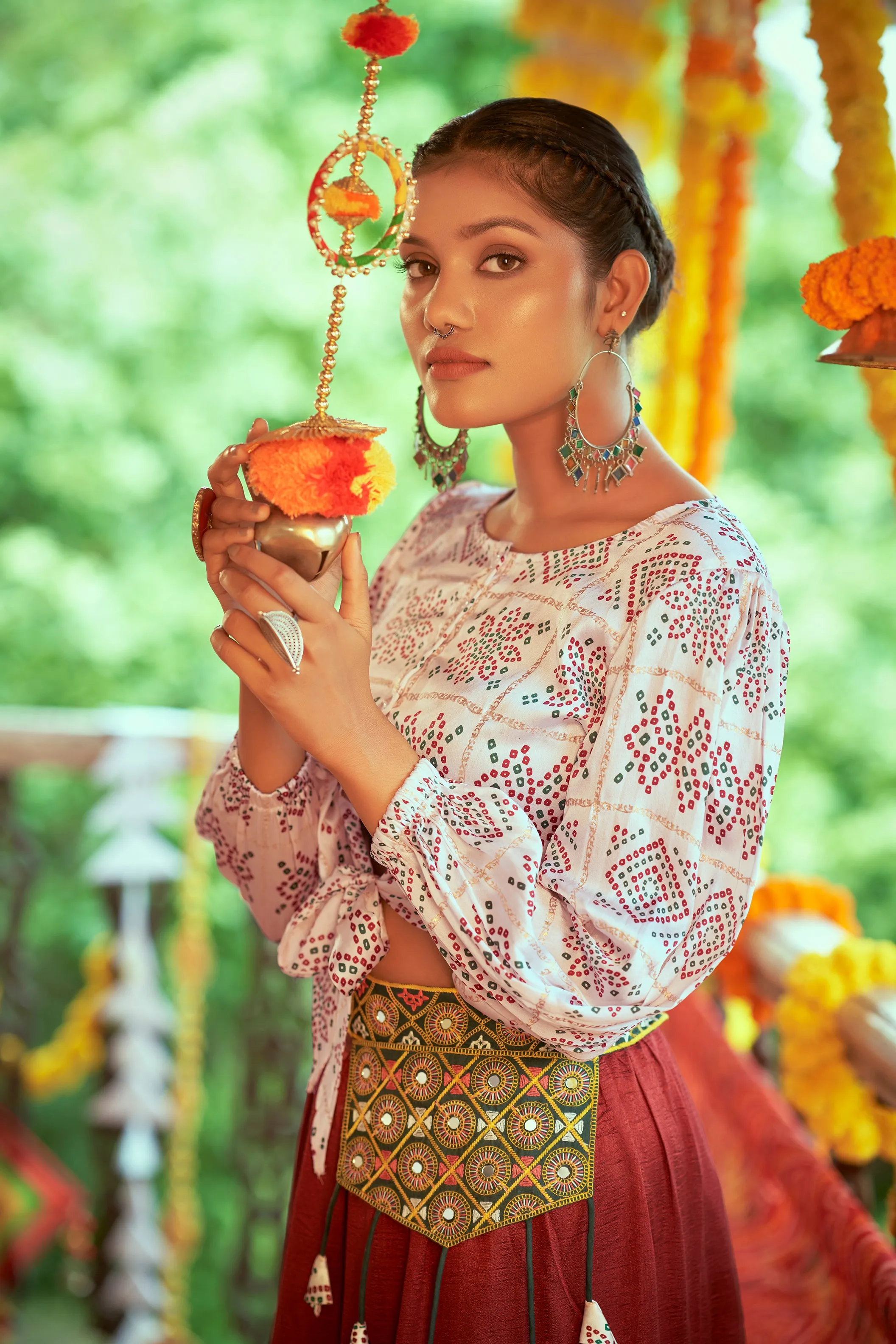 White With Red Color Navratri Special Ready To Wear Crop top Lehenga