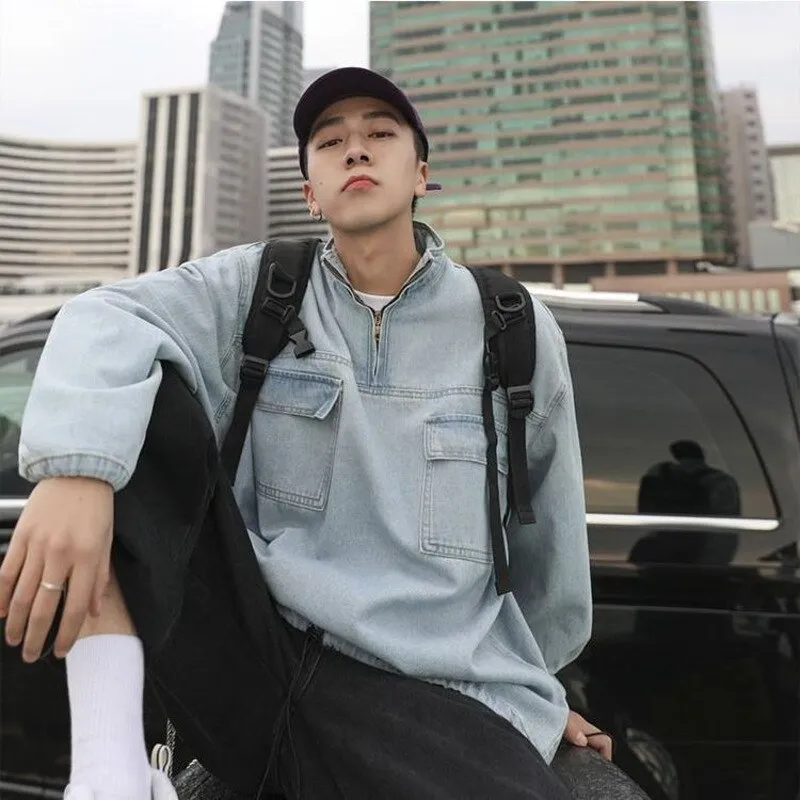 Wiaofellas Autumn Pullover Denim Jacket Men Fashion Blue Black Retro Pocket Jackets Mens Streetwear Korean Loose Bomber Jacket Men Outwear