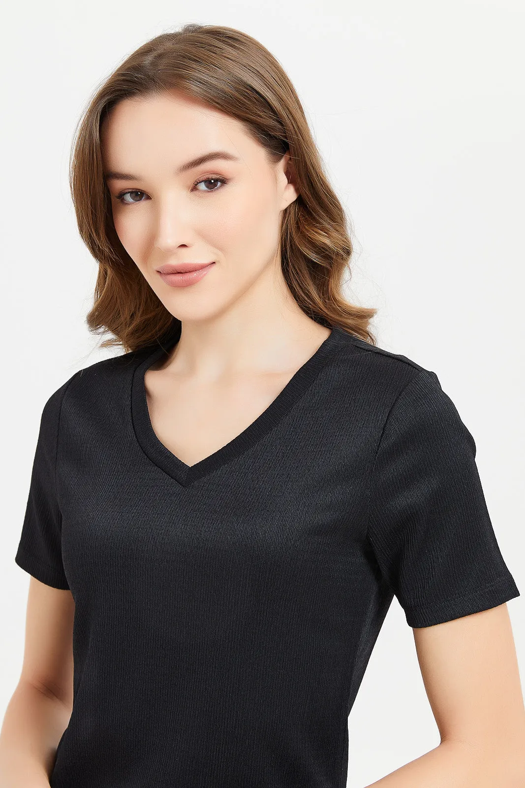 Women Black Jacquard Short Sleeve T-Shirt