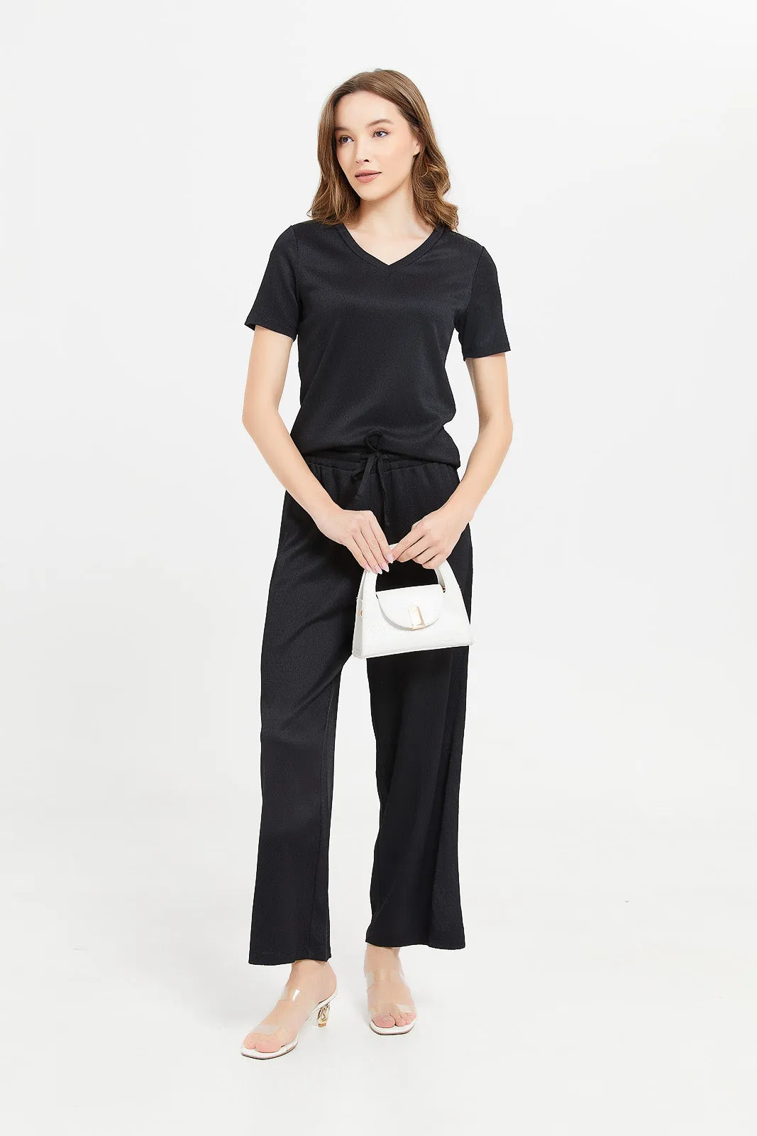 Women Black Jacquard Short Sleeve T-Shirt