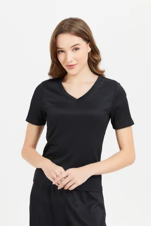 Women Black Jacquard Short Sleeve T-Shirt