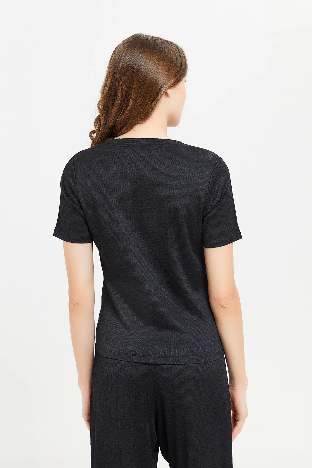 Women Black Jacquard Short Sleeve T-Shirt
