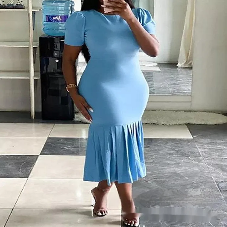 Women's Short Sleeve Pleated Fishtail Dress