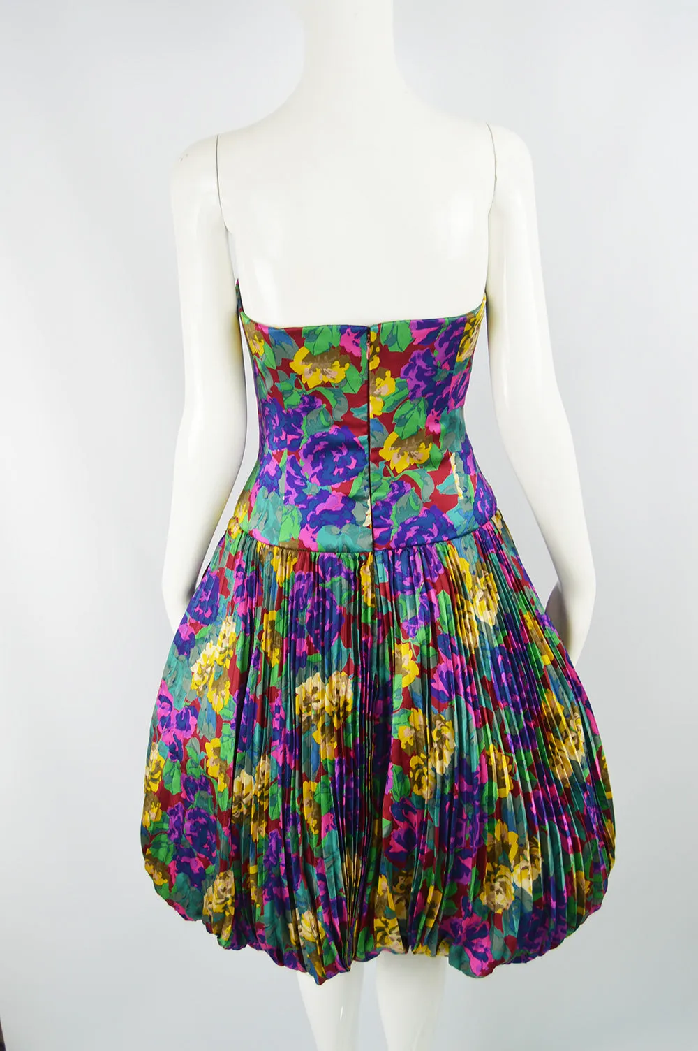 Womens Vintage Silk Pleated Floral Dress, Fall 1988