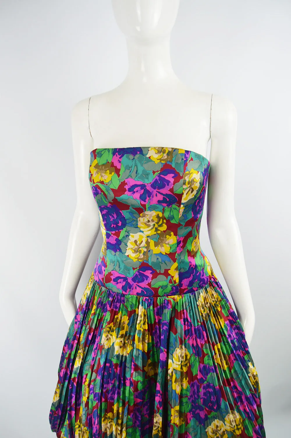 Womens Vintage Silk Pleated Floral Dress, Fall 1988