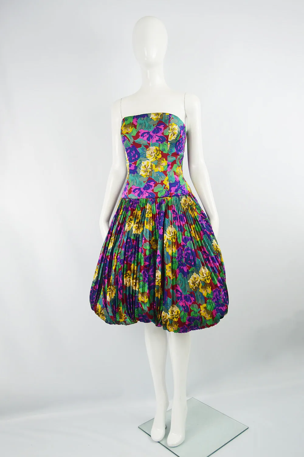 Womens Vintage Silk Pleated Floral Dress, Fall 1988
