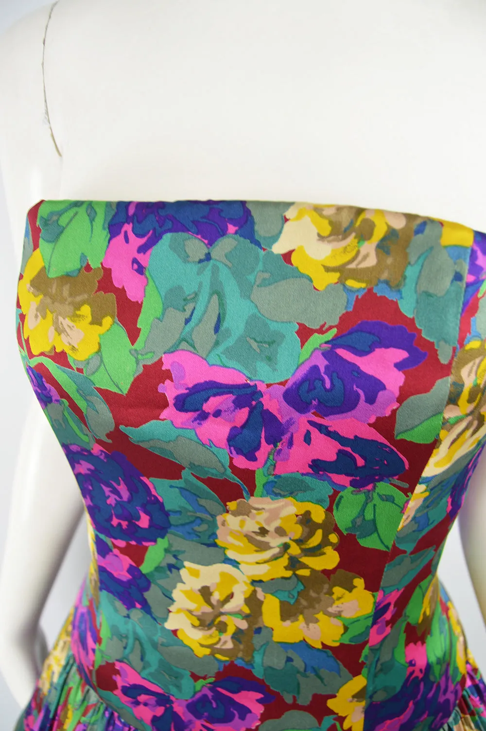 Womens Vintage Silk Pleated Floral Dress, Fall 1988