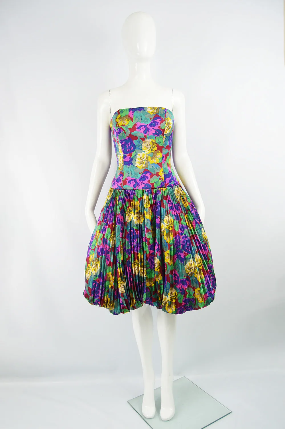 Womens Vintage Silk Pleated Floral Dress, Fall 1988