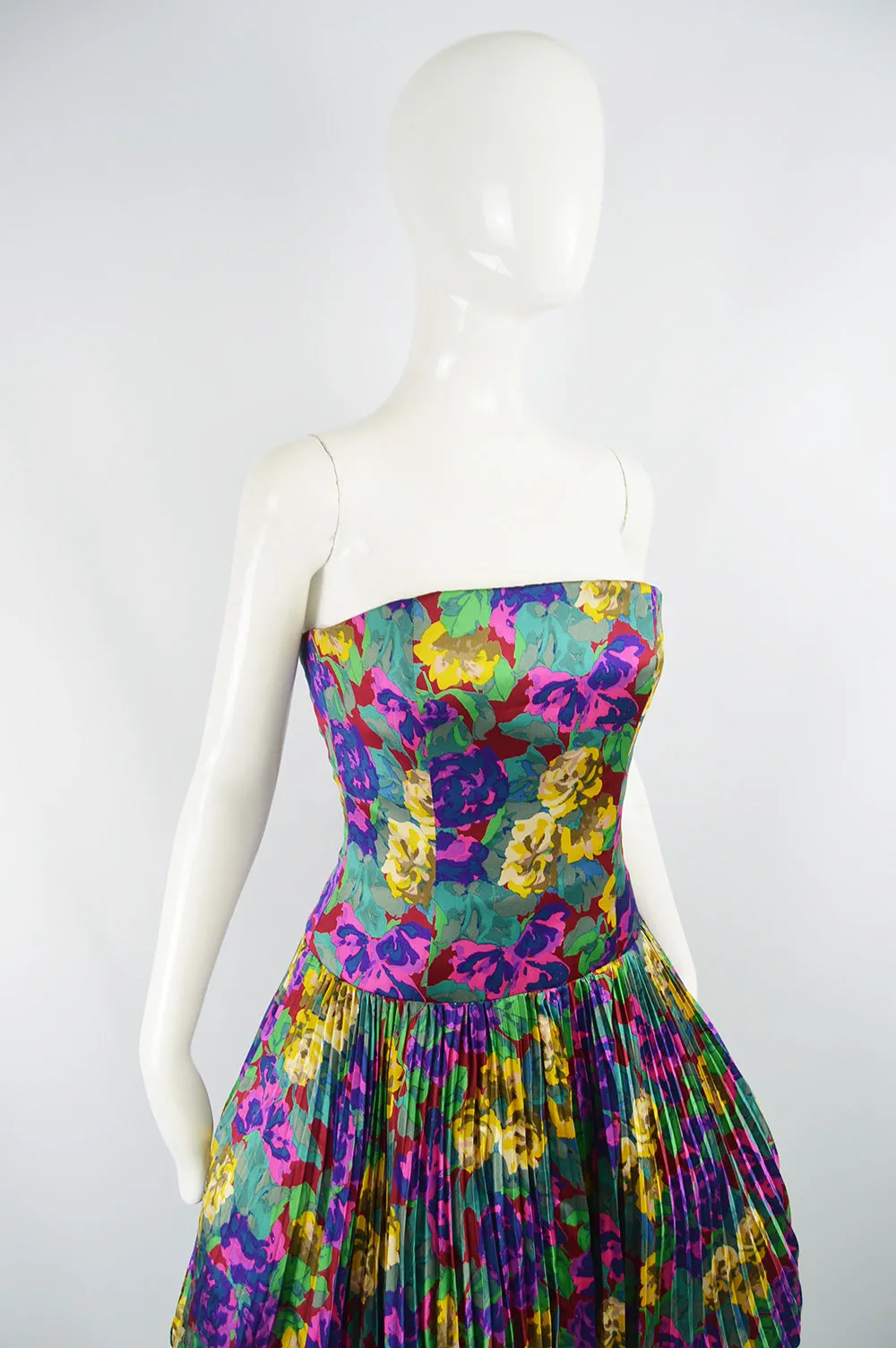 Womens Vintage Silk Pleated Floral Dress, Fall 1988