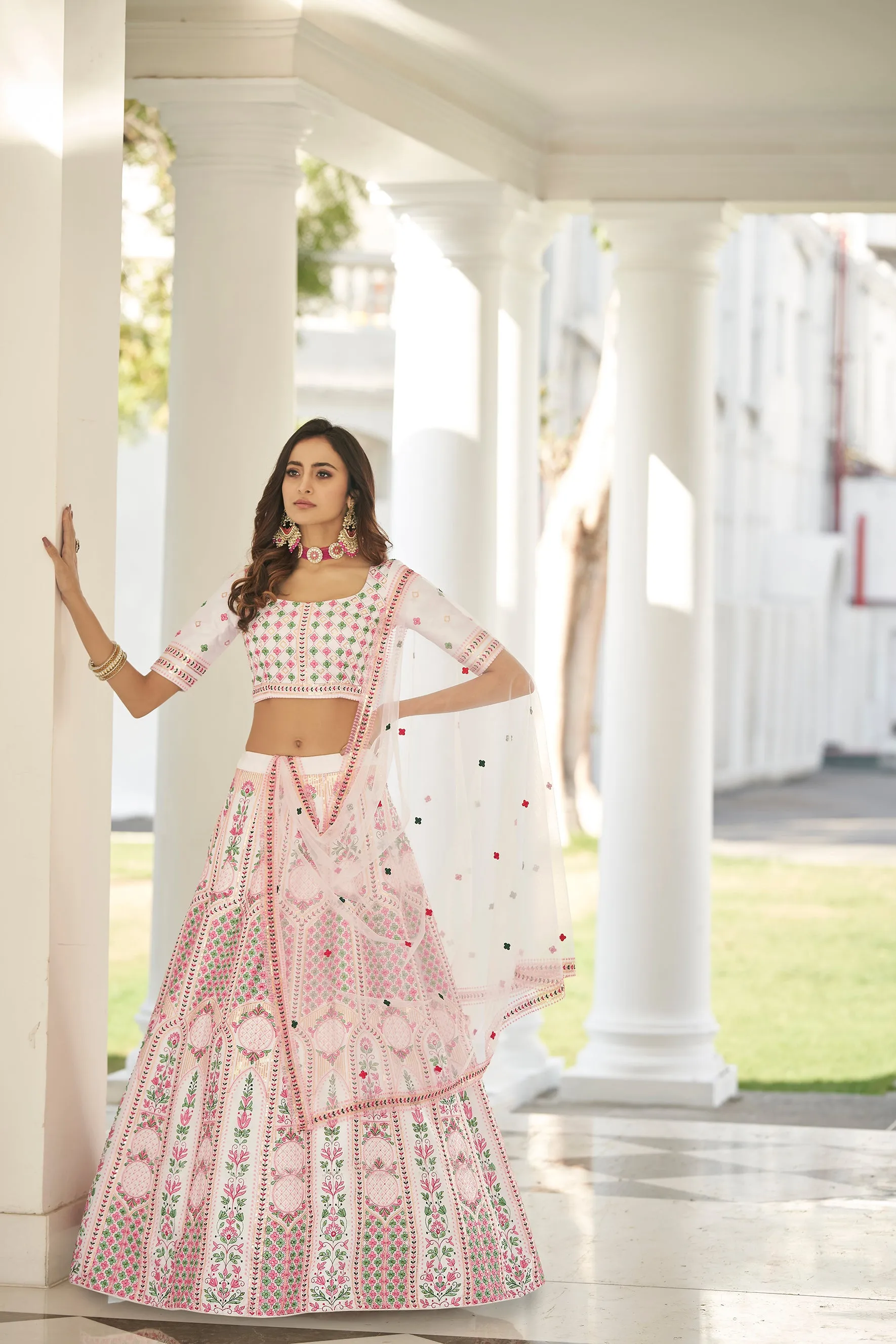 Wonderful White Thread Embroidered Silk Party Wear Lehenga Choli