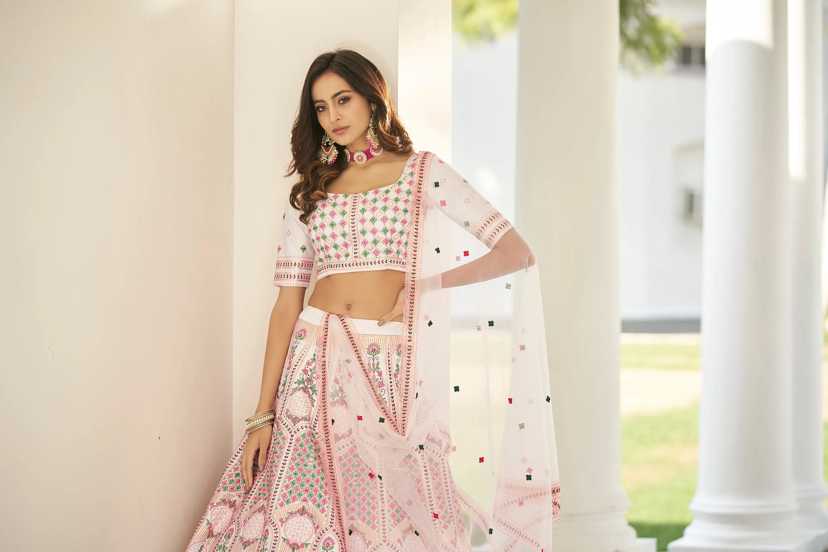 Wonderful White Thread Embroidered Silk Party Wear Lehenga Choli