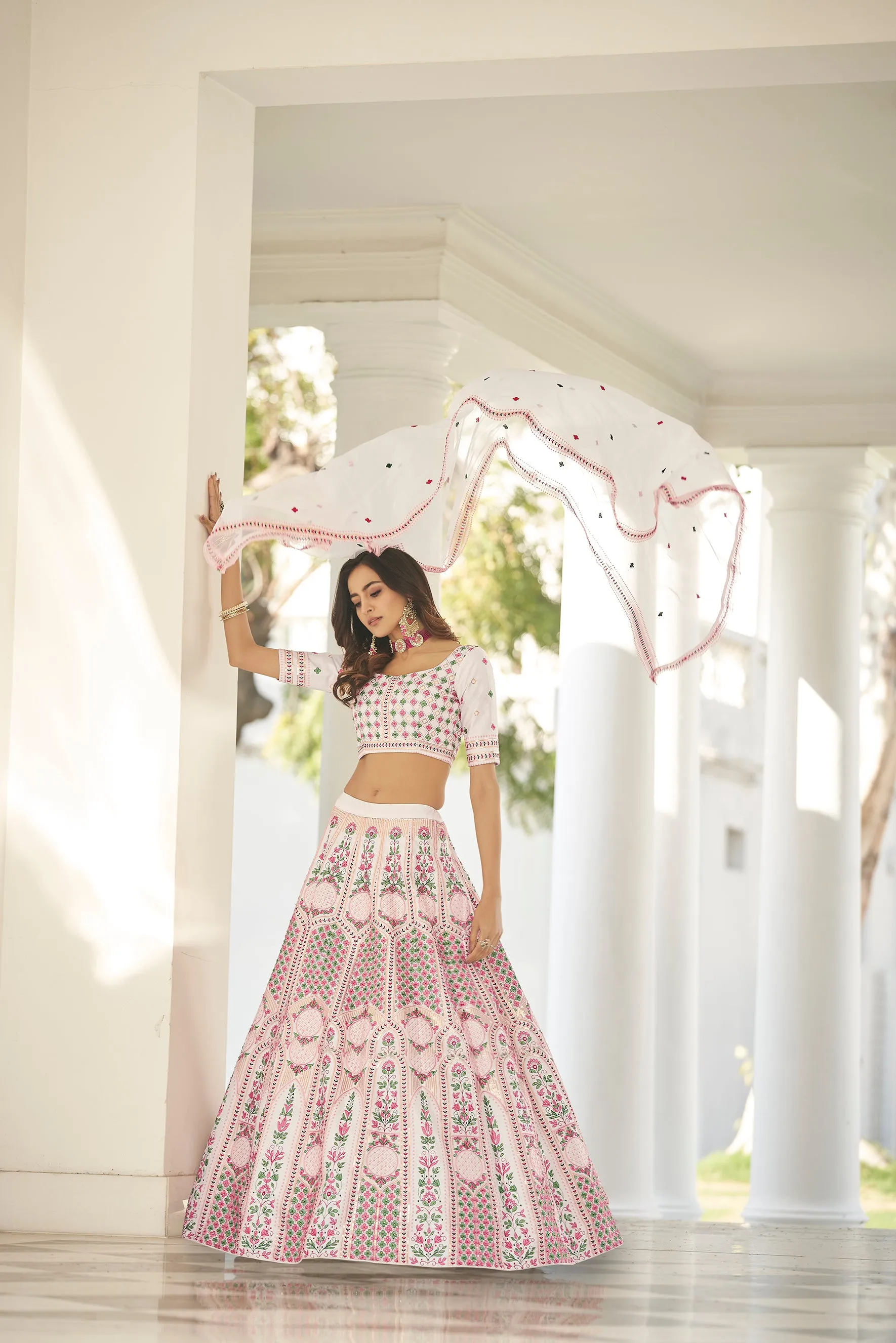Wonderful White Thread Embroidered Silk Party Wear Lehenga Choli