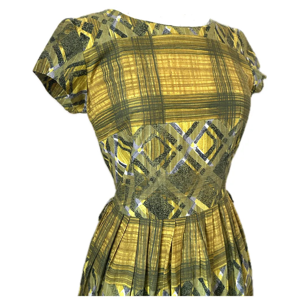 Yellow ochre vintage 1950s abstract print cotton day dress
