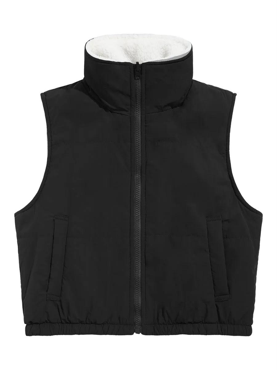 ZAFUL Women's 2024 Fleece Cropped Vest Sleeveless Zip Up Reversible Lightweight Crop Jacket Sherpa Winter Puffer Coat Outerwear