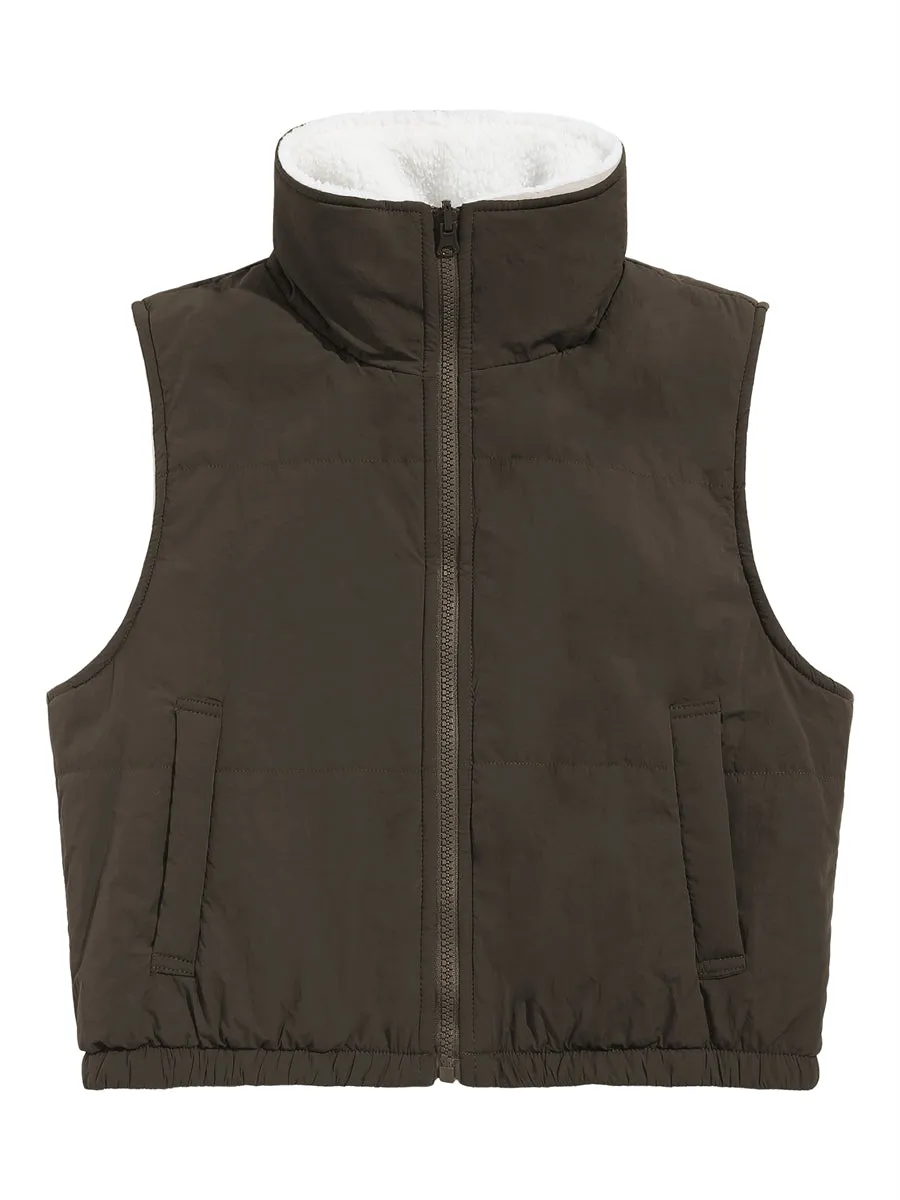 ZAFUL Women's 2024 Fleece Cropped Vest Sleeveless Zip Up Reversible Lightweight Crop Jacket Sherpa Winter Puffer Coat Outerwear