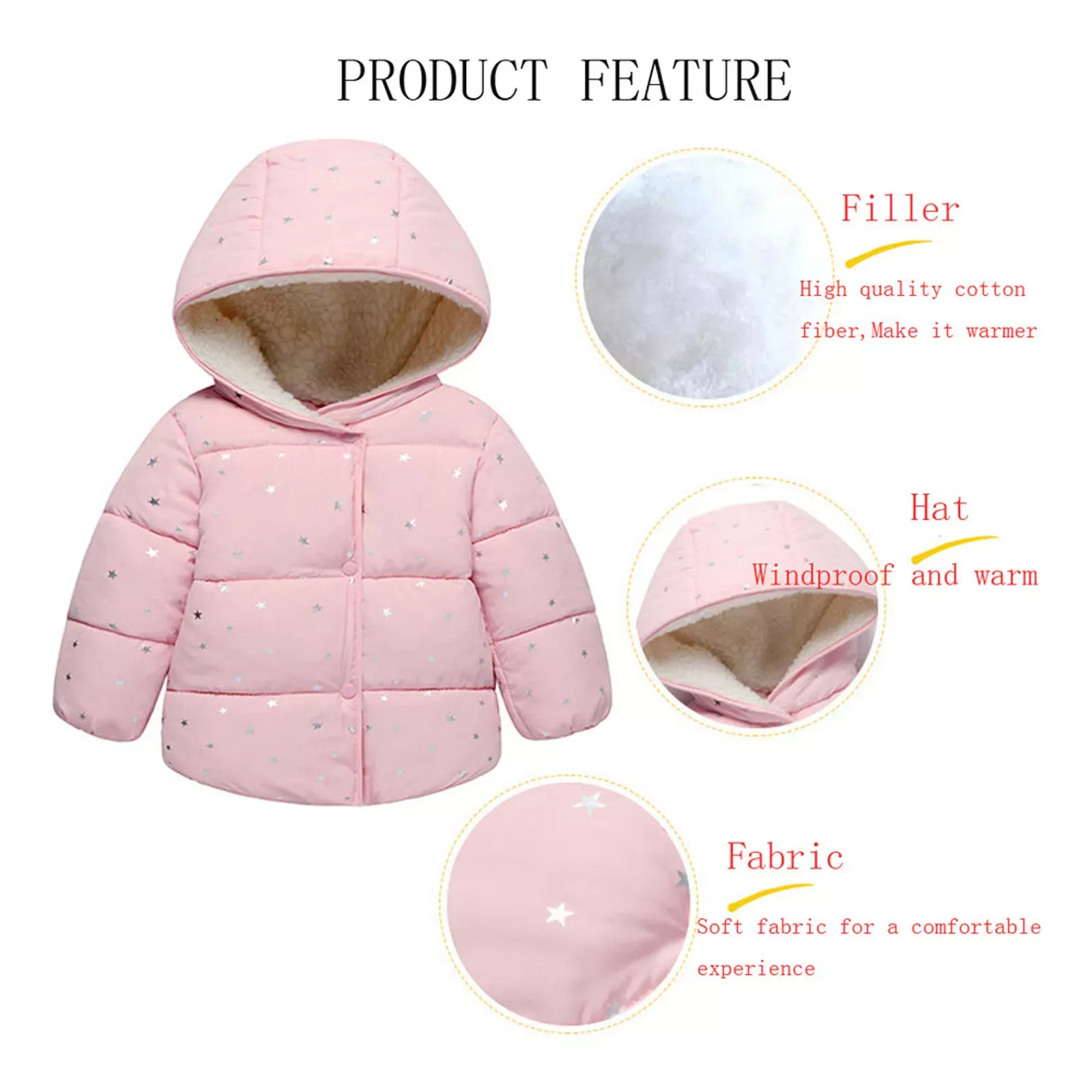 ZJH Silver Stars Sherpa Hooded Pink Puffer Jacket 7654